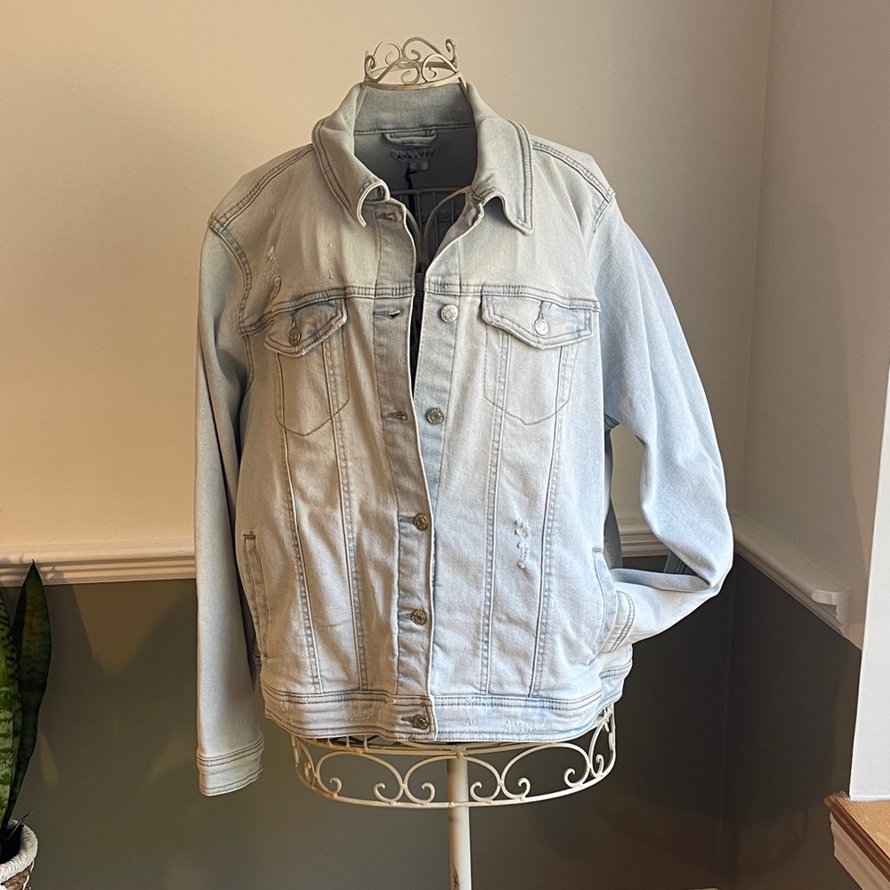 Ava & Viv Light Blue Distressed Jean Jacket With Stretch  NWT
